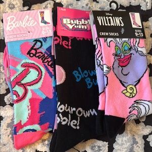 Barbie, Bubble Yum, and Disney Villains Crew Socks Set